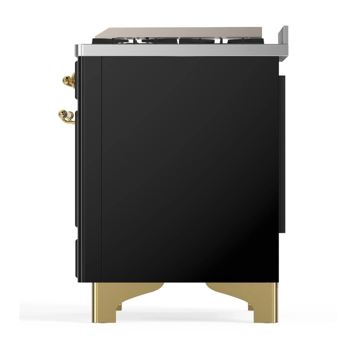 ILVE Majestic III 36-inch Dual Fuel Range with 6 Natural Gas Burner, Griddle and Solid Door Electric Oven in Glossy Black with Brass Trim (UM36FQNR3BKG)
