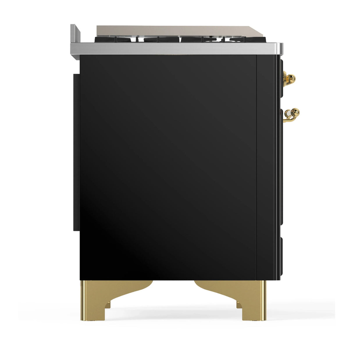 ILVE Majestic III 36-inch Dual Fuel Range with 6 Natural Gas Burner, Griddle and Solid Door Electric Oven in Glossy Black with Brass Trim (UM36FQNR3BKG)