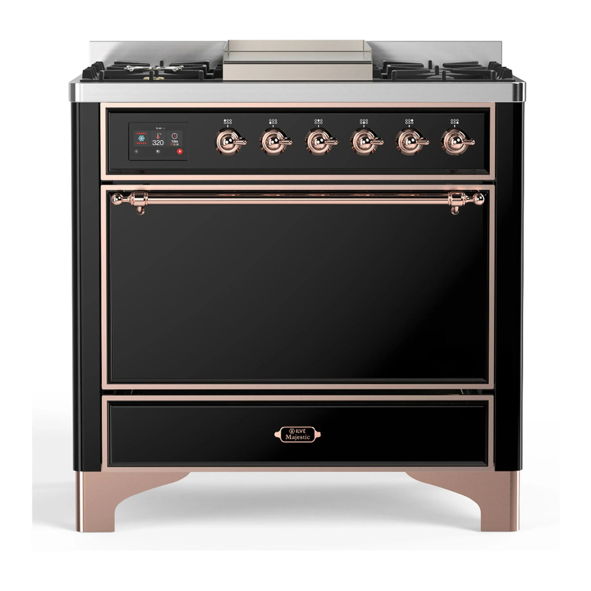 ILVE Majestic III 36-inch Dual Fuel Range with 6 Natural Gas Burner, Griddle and Solid Door Electric Oven in Glossy Black with Copper Trim (UM36FQNR3BKP)