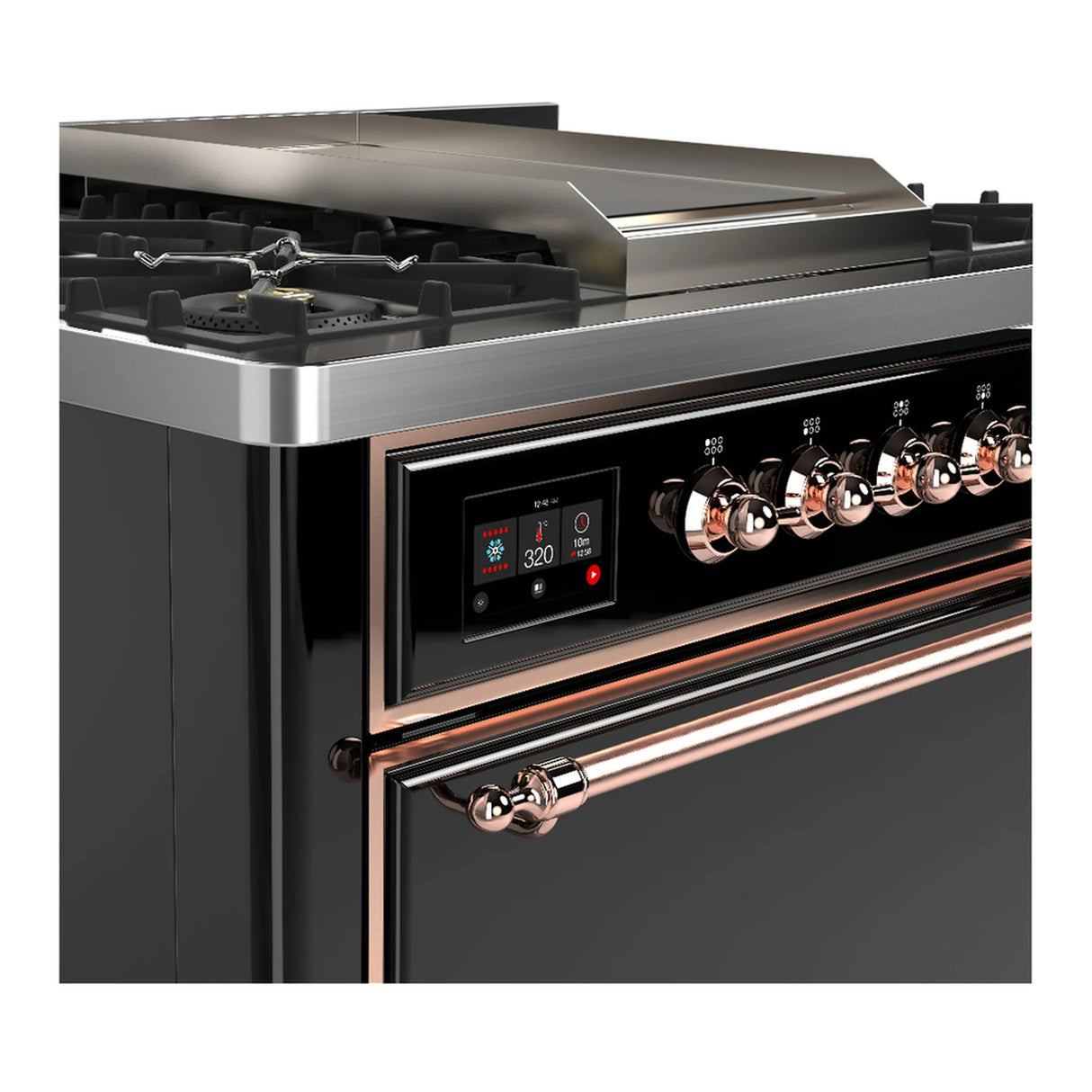 ILVE Majestic III 36-inch Dual Fuel Range with 6 Natural Gas Burner, Griddle and Solid Door Electric Oven in Glossy Black with Copper Trim (UM36FQNR3BKP)