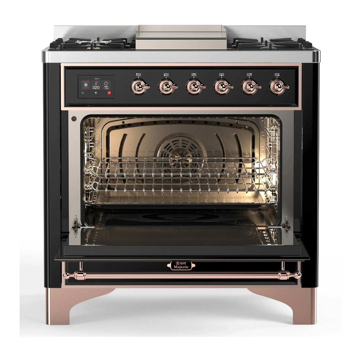 ILVE Majestic III 36-inch Dual Fuel Range with 5 Liquid Propane Burner, Griddle and Solid Door Electric Oven in Glossy Black with Copper Trim (UM36FQNR3BKPLP)