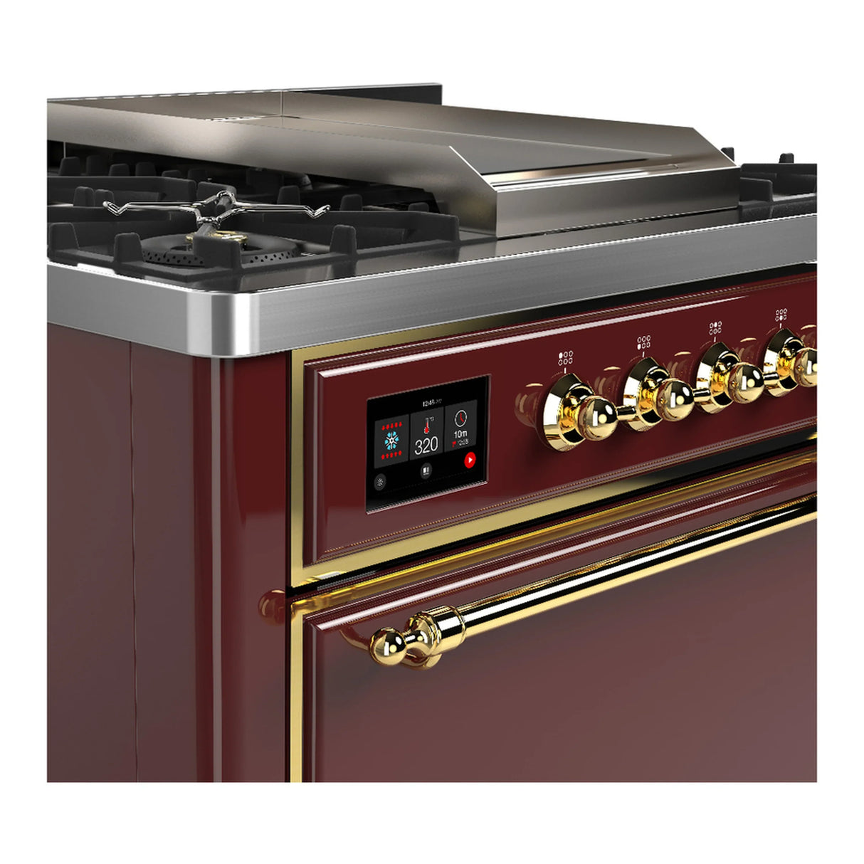 ILVE Majestic III 36-inch Dual Fuel Range with 6 Natural Gas Burner, Griddle and Solid Door Electric Oven in Burgundy with Brass Trim (UM36FQNR3BUG)