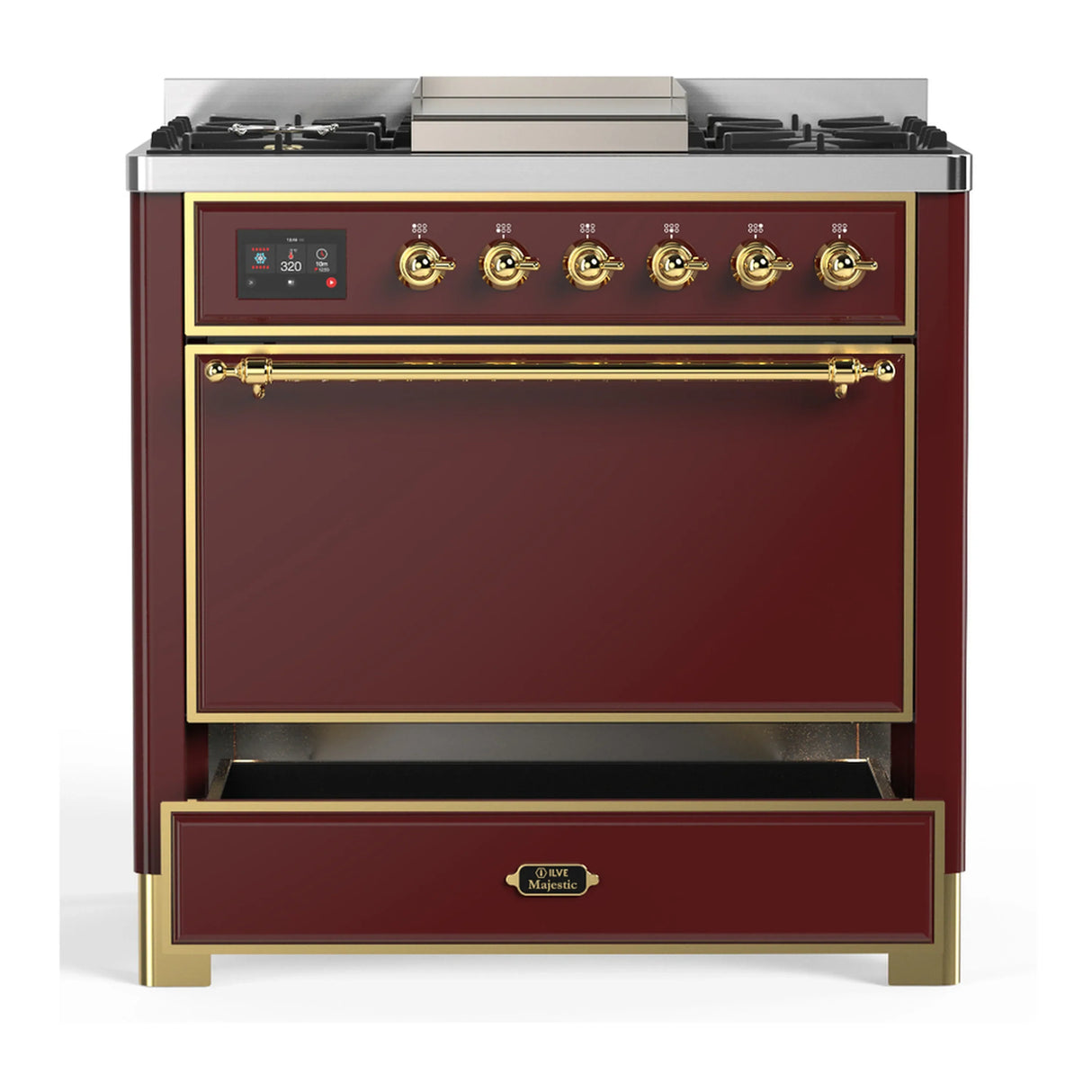 ILVE Majestic III 36-inch Dual Fuel Range with 6 Natural Gas Burner, Griddle and Solid Door Electric Oven in Burgundy with Brass Trim (UM36FQNR3BUG)