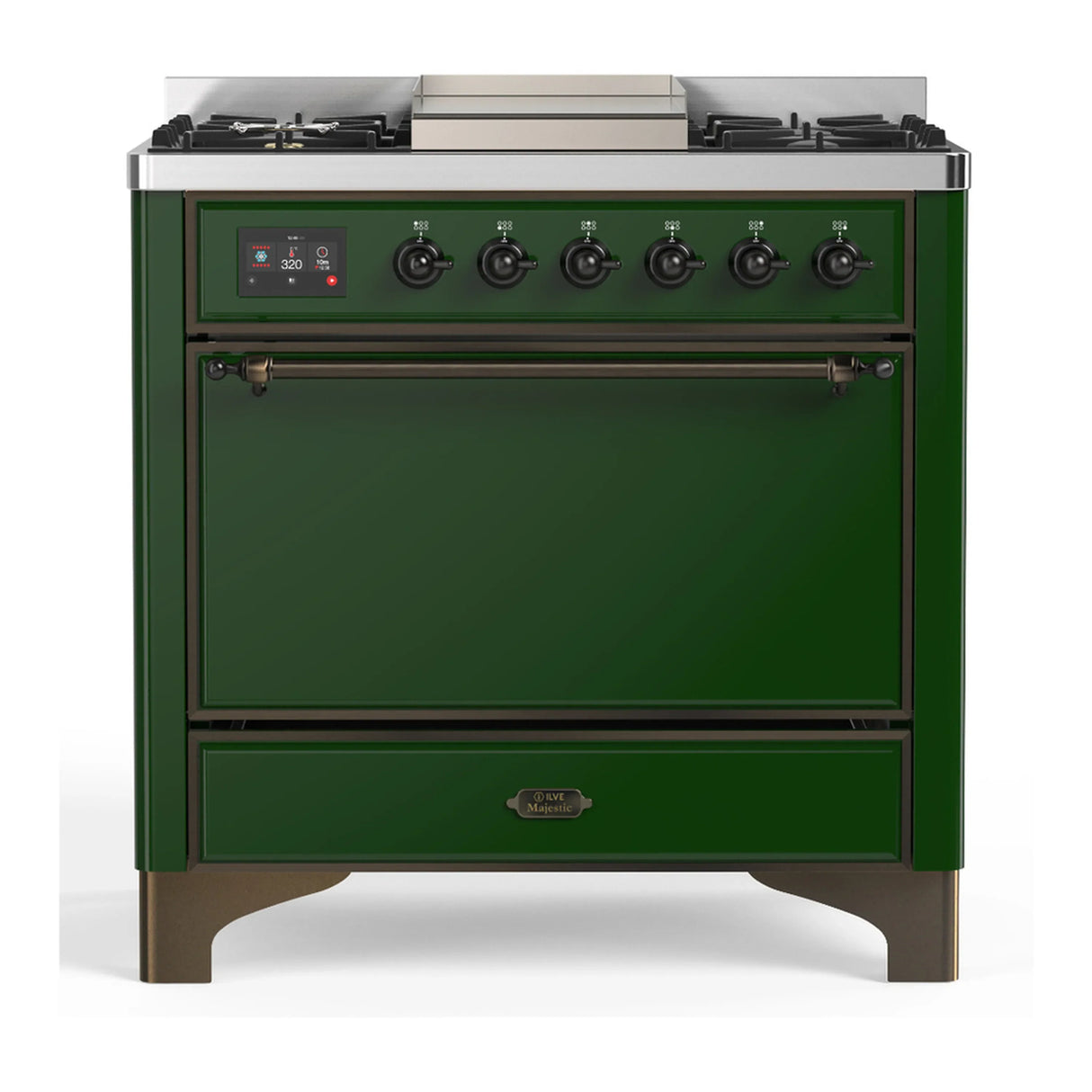 ILVE Majestic III 36-inch Dual Fuel Range with 6 Natural Gas Burner, Griddle and Solid Door Electric Oven in Emerald Green with Burnished Trim (UM36FQNR3EGB)