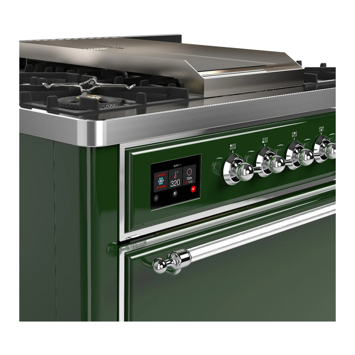 ILVE Majestic III 36-inch Dual Fuel Range with 5 Liquid Propane Burner, Griddle and Solid Door Electric Oven in Emerald Green with Chrome Trim (UM36FQNR3EGCLP)