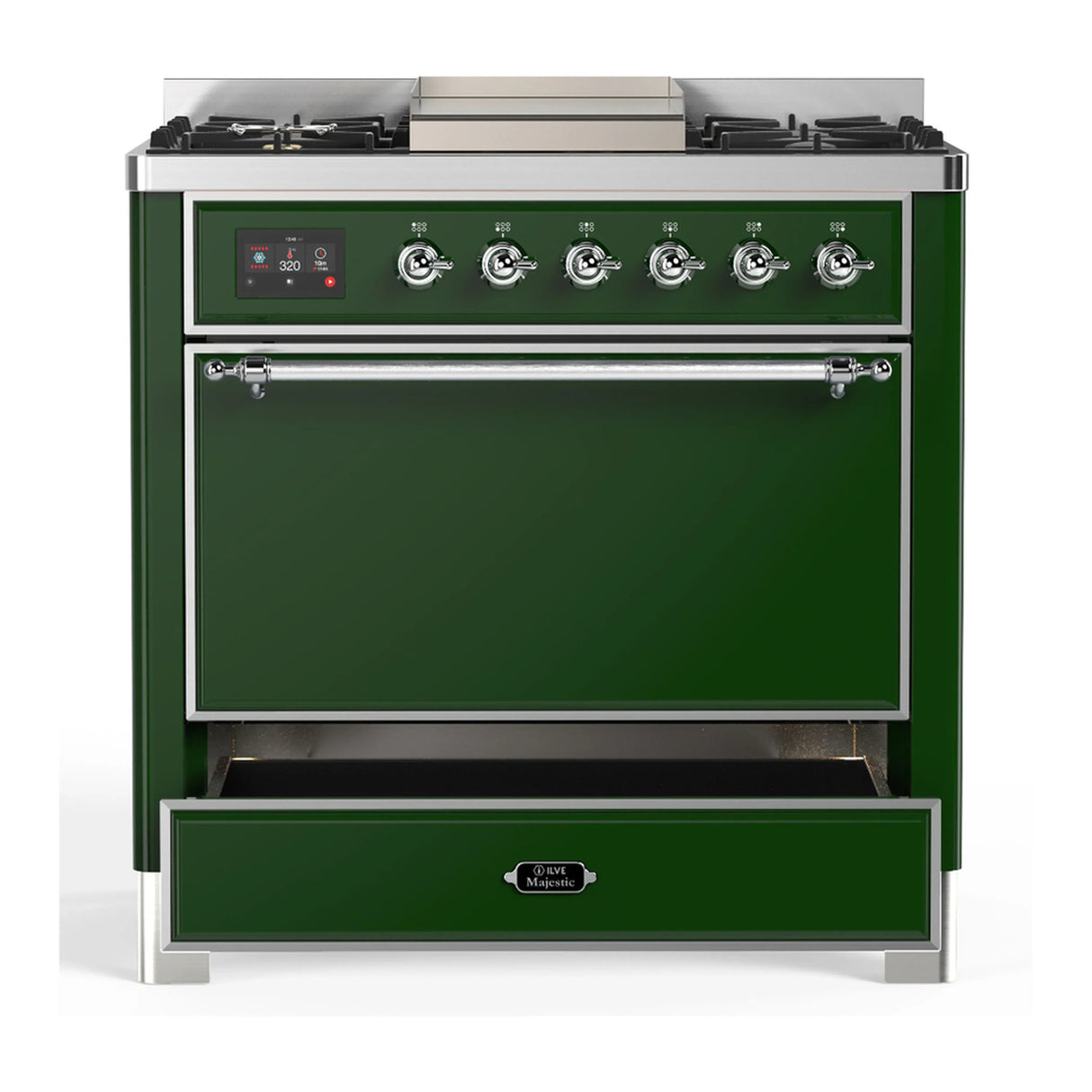 ILVE Majestic III 36-inch Dual Fuel Range with 5 Liquid Propane Burner, Griddle and Solid Door Electric Oven in Emerald Green with Chrome Trim (UM36FQNR3EGCLP)