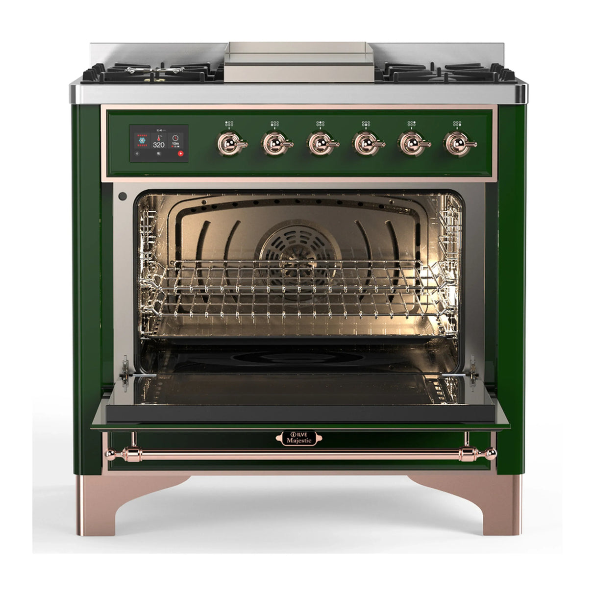 ILVE Majestic III 36-inch Dual Fuel Range with 6 Natural Gas Burner, Griddle and Solid Door Electric Oven in Emerald Green with Copper Trim (UM36FQNR3EGP)