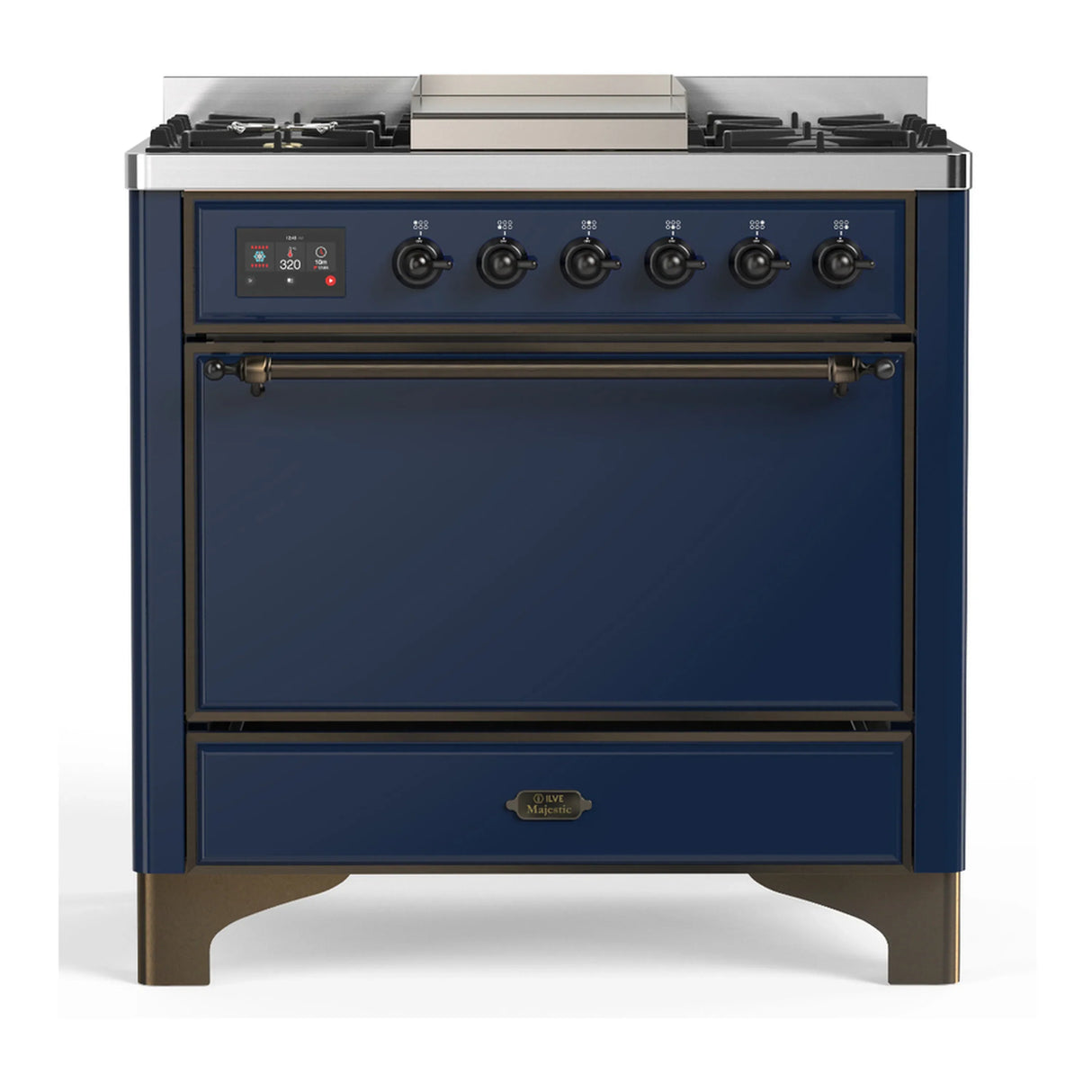 ILVE Majestic III 36-inch Dual Fuel Range with 6 Natural Gas Burner, Griddle and Solid Door Electric Oven in Midnight Blue with Burnished Trim (UM36FQNR3MBB)