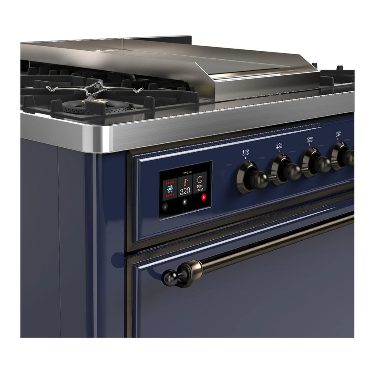ILVE Majestic III 36-inch Dual Fuel Range with 6 Natural Gas Burner, Griddle and Solid Door Electric Oven in Midnight Blue with Burnished Trim (UM36FQNR3MBB)