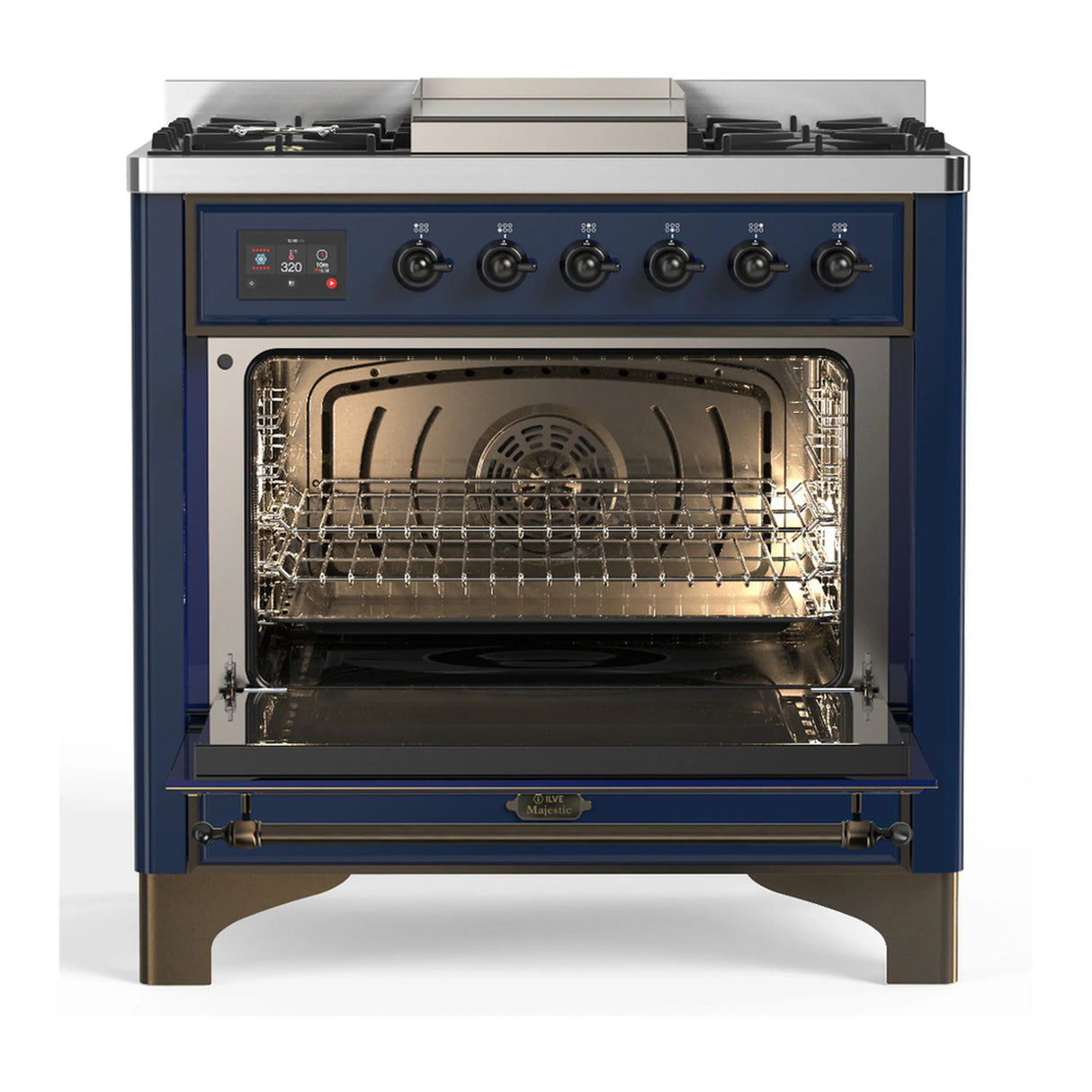 ILVE Majestic III 36-inch Dual Fuel Range with 6 Natural Gas Burner, Griddle and Solid Door Electric Oven in Midnight Blue with Burnished Trim (UM36FQNR3MBB)