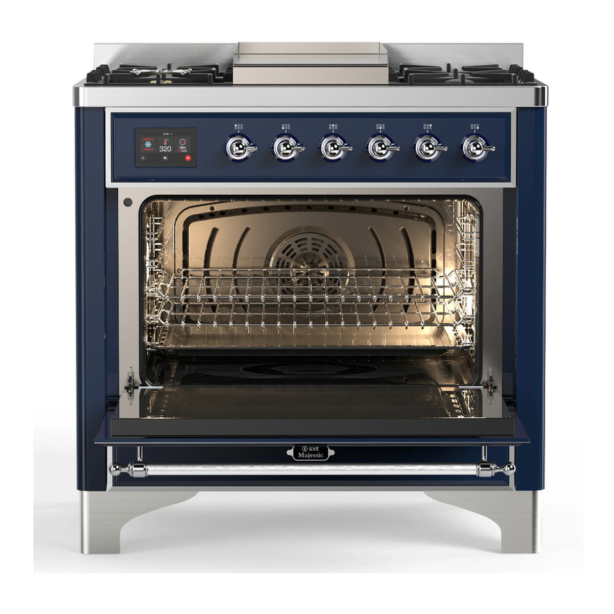 ILVE Majestic III 36-inch Dual Fuel Range with 6 Natural Gas Burner, Griddle and Solid Door Electric Oven in Midnight Blue with Chrome Trim (UM36FQNR3MBC)