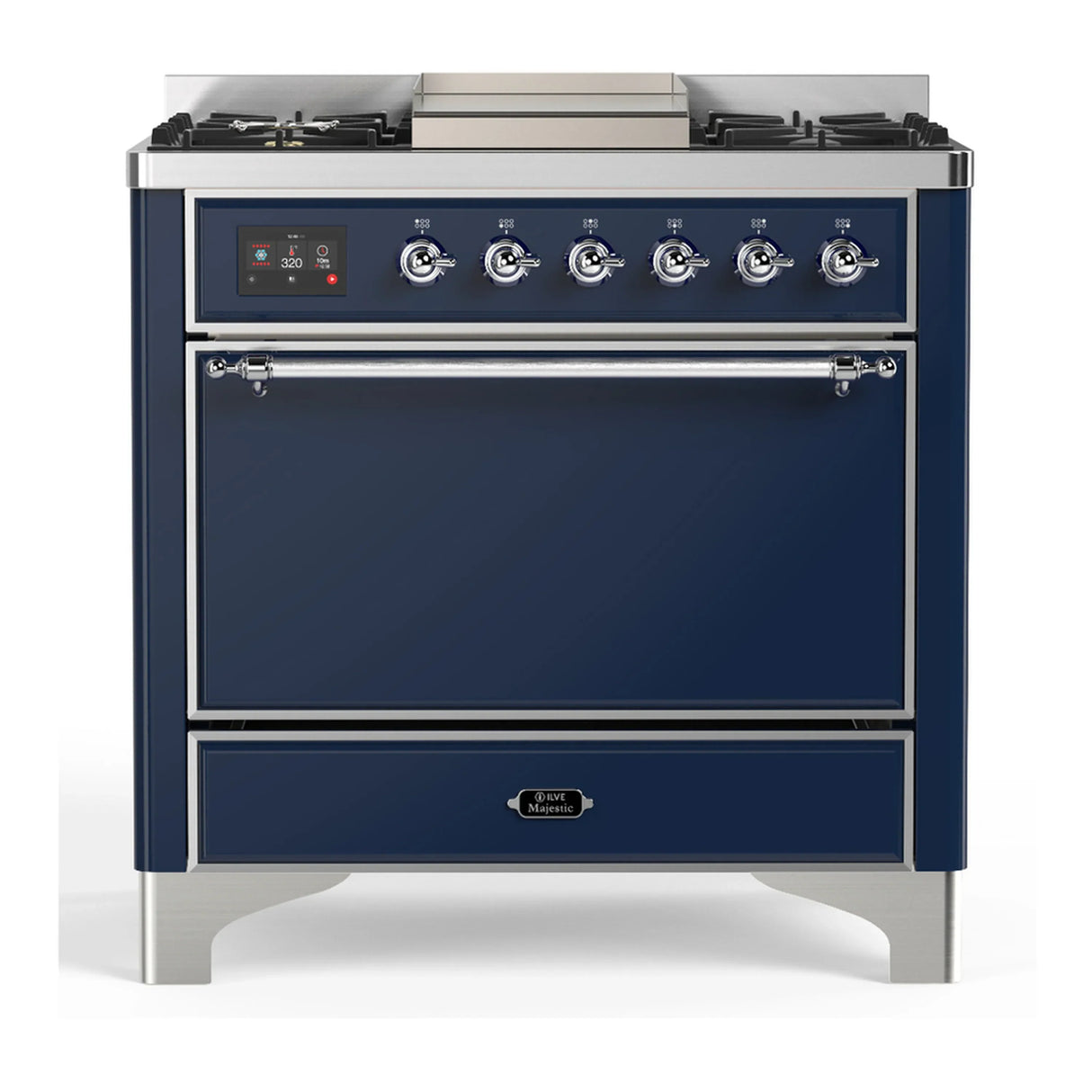 ILVE Majestic III 36-inch Dual Fuel Range with 6 Natural Gas Burner, Griddle and Solid Door Electric Oven in Midnight Blue with Chrome Trim (UM36FQNR3MBC)