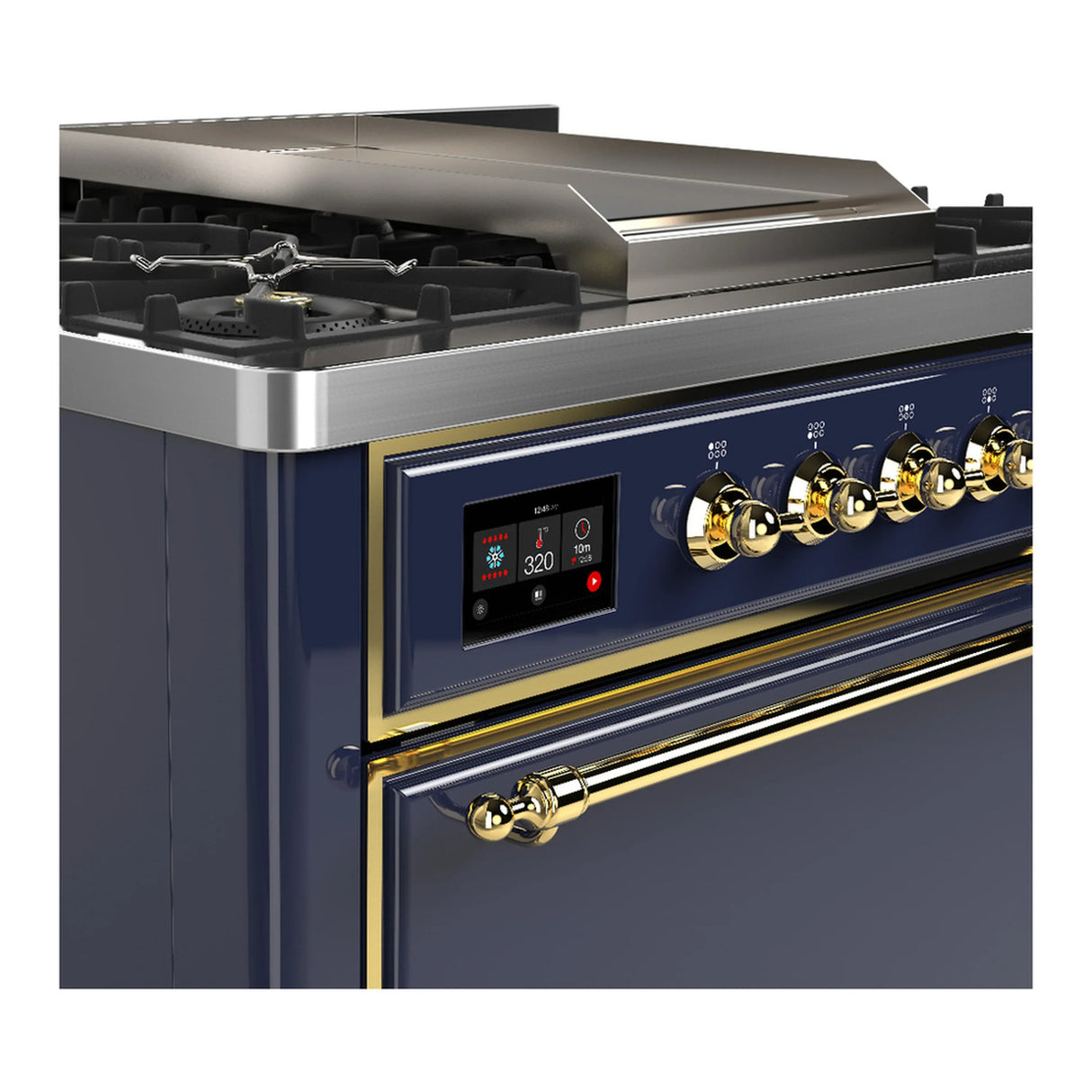 ILVE Majestic III 36-inch Dual Fuel Range with 5 Liquid Propane Burner, Griddle and Solid Door Electric Oven in Blue Grey with Brass Trim (UM36FQNR3MBGLP)