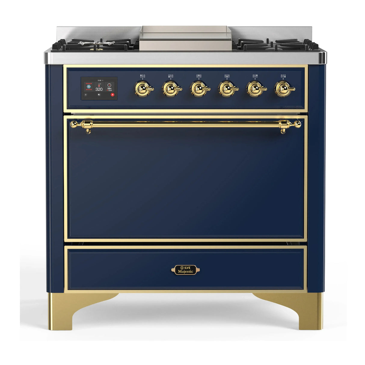 ILVE Majestic III 36-inch Dual Fuel Range with 5 Liquid Propane Burner, Griddle and Solid Door Electric Oven in Blue Grey with Brass Trim (UM36FQNR3MBGLP)