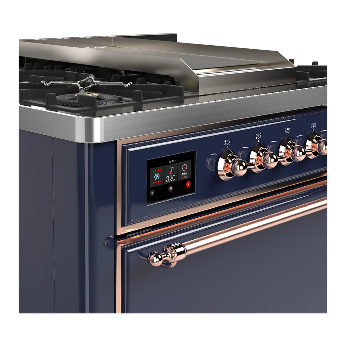 ILVE Majestic III 36-inch Dual Fuel Range with 5 Liquid Propane Burner, Griddle and Solid Door Electric Oven in Midnight Blue with Copper Trim (UM36FQNR3MBPLP)