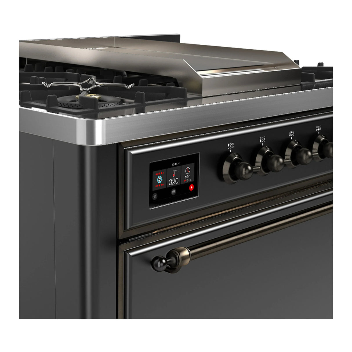 ILVE Majestic III 36-inch Dual Fuel Range with 5 Liquid Propane Burner, Griddle and Solid Door Electric Oven in Graphite Matte with Burnished Trim (UM36FQNR3MGBLP)