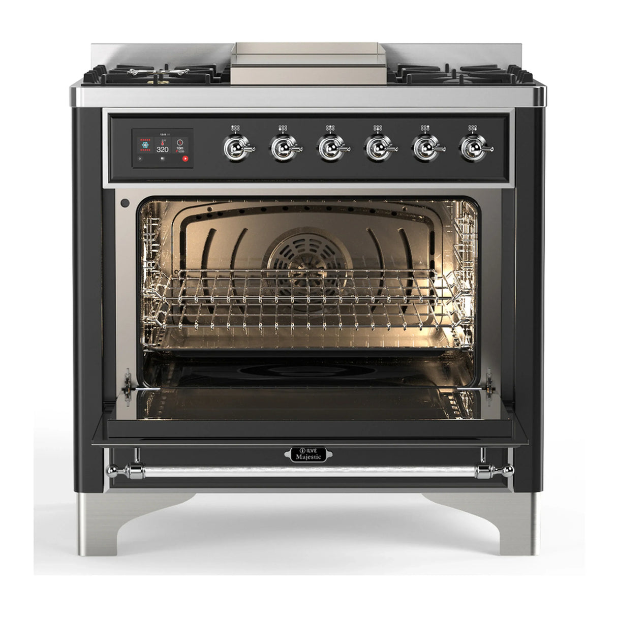 ILVE Majestic III 36-inch Dual Fuel Range with 5 Liquid Propane Burner, Griddle and Solid Door Electric Oven in Graphite Matte with Chrome Trim (UM36FQNR3MGCLP)