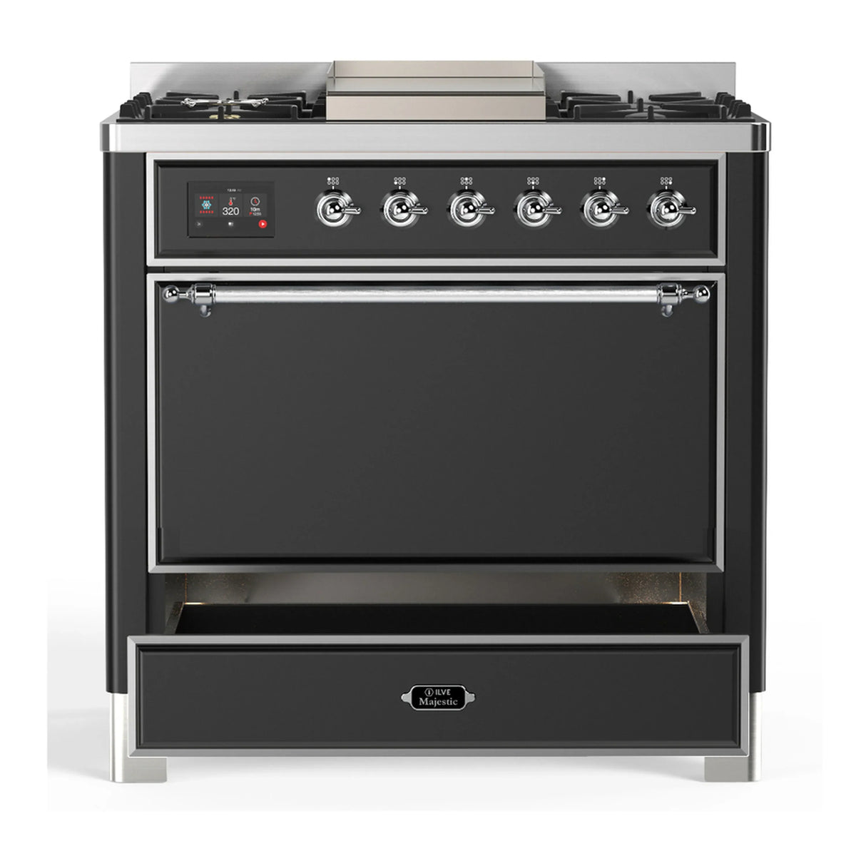 ILVE Majestic III 36-inch Dual Fuel Range with 5 Liquid Propane Burner, Griddle and Solid Door Electric Oven in Graphite Matte with Chrome Trim (UM36FQNR3MGCLP)