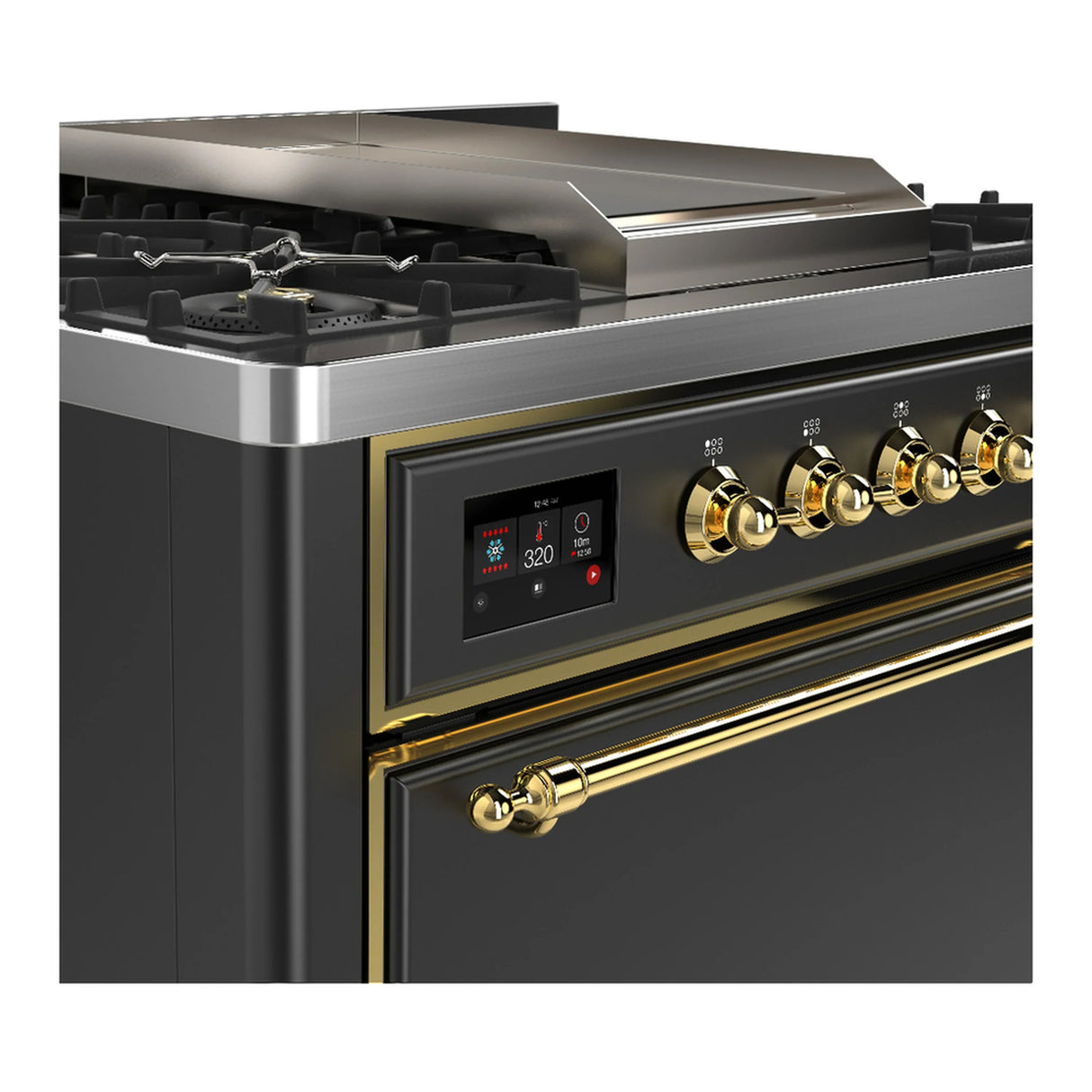 ILVE Majestic III 36-inch Dual Fuel Range with 6 Natural Gas Burner, Griddle and Solid Door Electric Oven in Graphite Matte with Brass Trim (UM36FQNR3MGG)