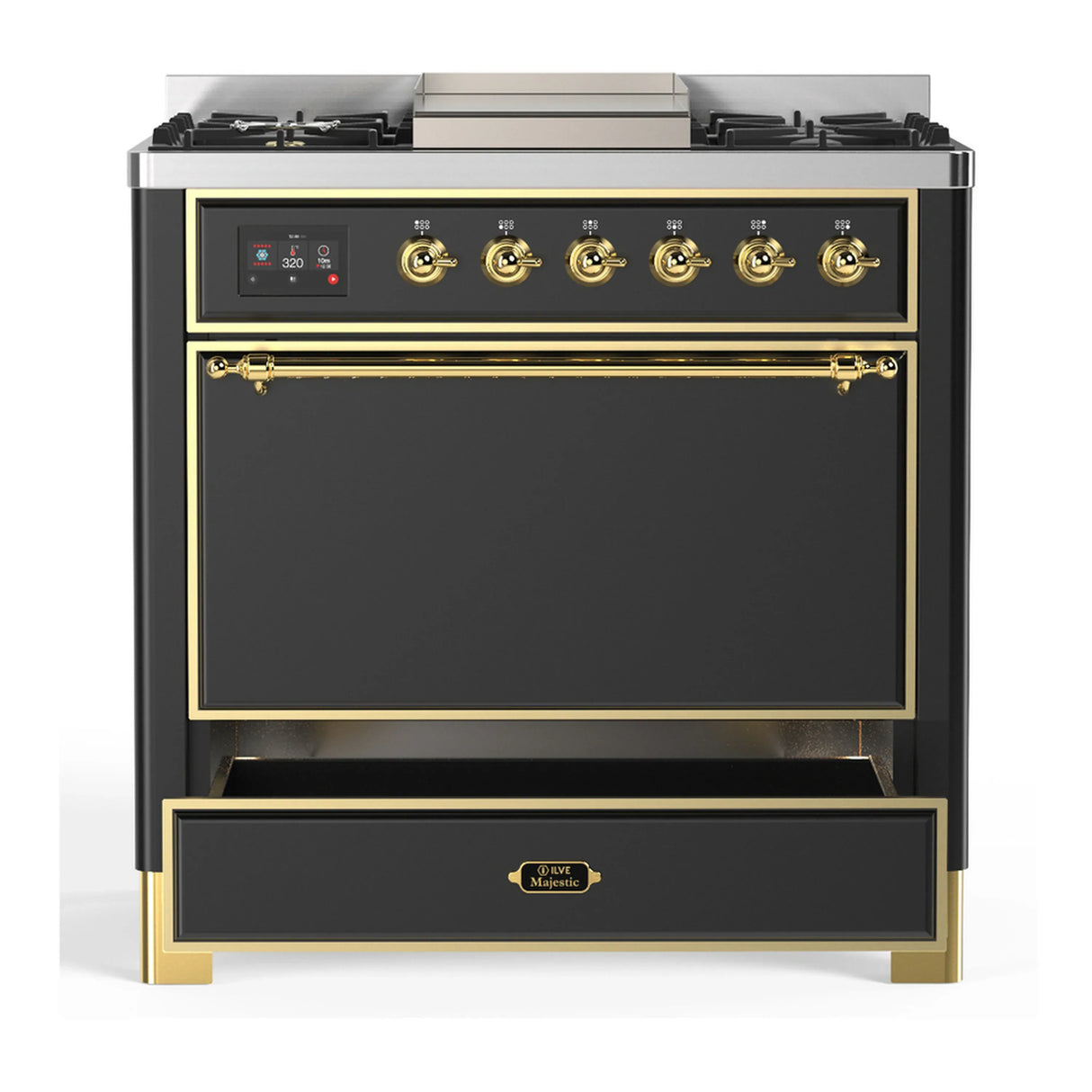 ILVE Majestic III 36-inch Dual Fuel Range with 6 Natural Gas Burner, Griddle and Solid Door Electric Oven in Graphite Matte with Brass Trim (UM36FQNR3MGG)