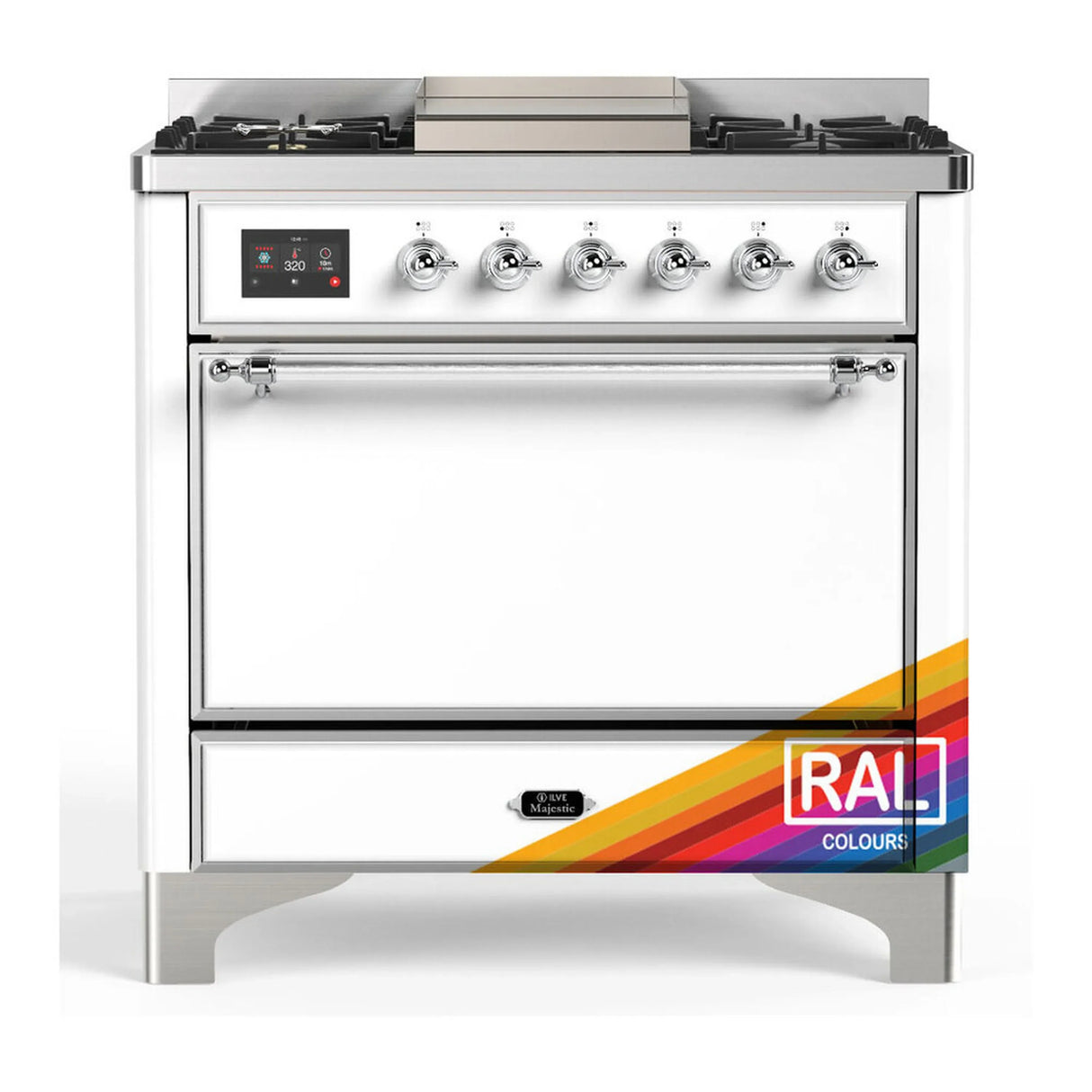 ILVE Majestic III 36-inch Dual Fuel Range with 5 Liquid Propane Burner, Griddle and Solid Door Electric Oven in RAL with Chrome Trim (UM36FQNR3RACLP)