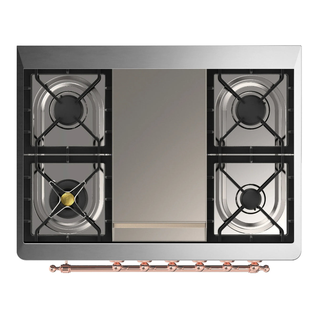 ILVE Majestic III 36-inch Dual Fuel Range with 6 Natural Gas Burner, Griddle and Solid Door Electric Oven in Stainless Steel with Copper Trim (UM36FQNR3SSP)
