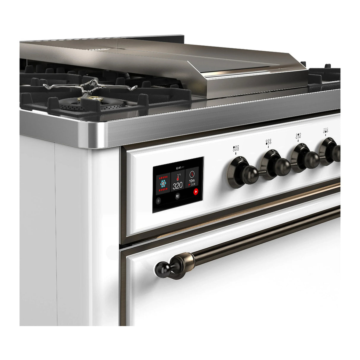 ILVE Majestic III 36-inch Dual Fuel Range with 5 Liquid Propane Burner, Griddle and Solid Door Electric Oven in White with Burnished Trim (UM36FQNR3WHBLP)