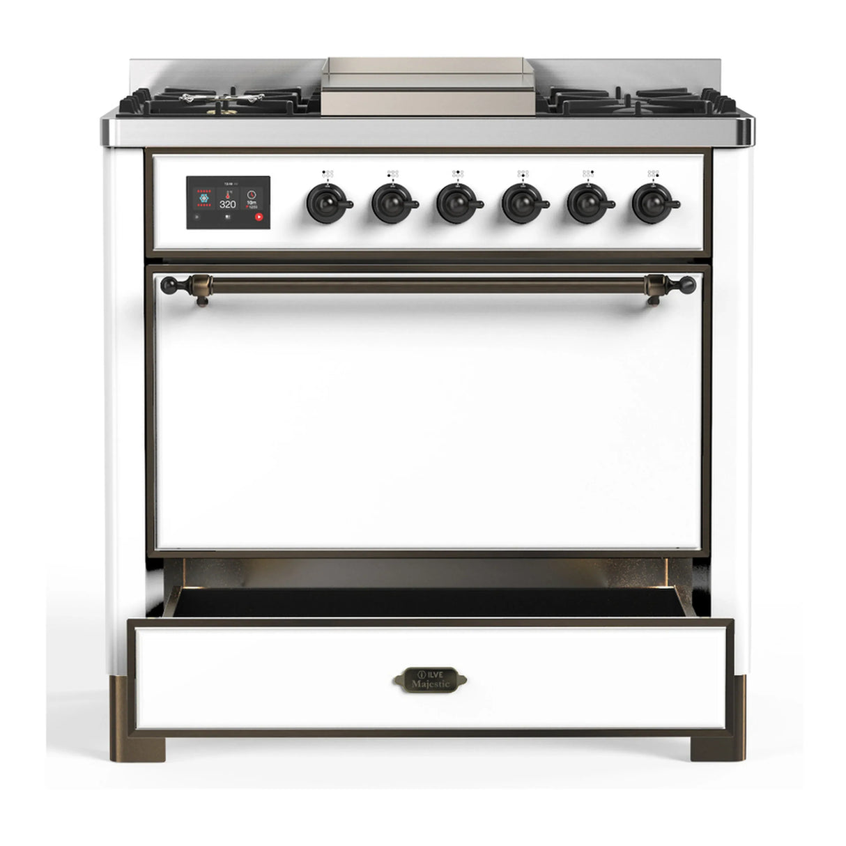 ILVE Majestic III 36-inch Dual Fuel Range with 5 Liquid Propane Burner, Griddle and Solid Door Electric Oven in White with Burnished Trim (UM36FQNR3WHBLP)