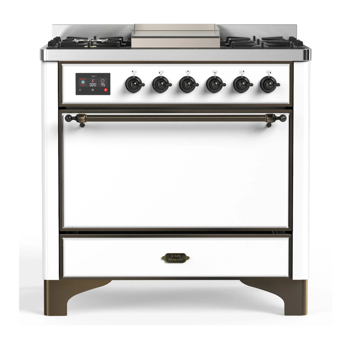 ILVE Majestic III 36-inch Dual Fuel Range with 5 Liquid Propane Burner, Griddle and Solid Door Electric Oven in White with Burnished Trim (UM36FQNR3WHBLP)
