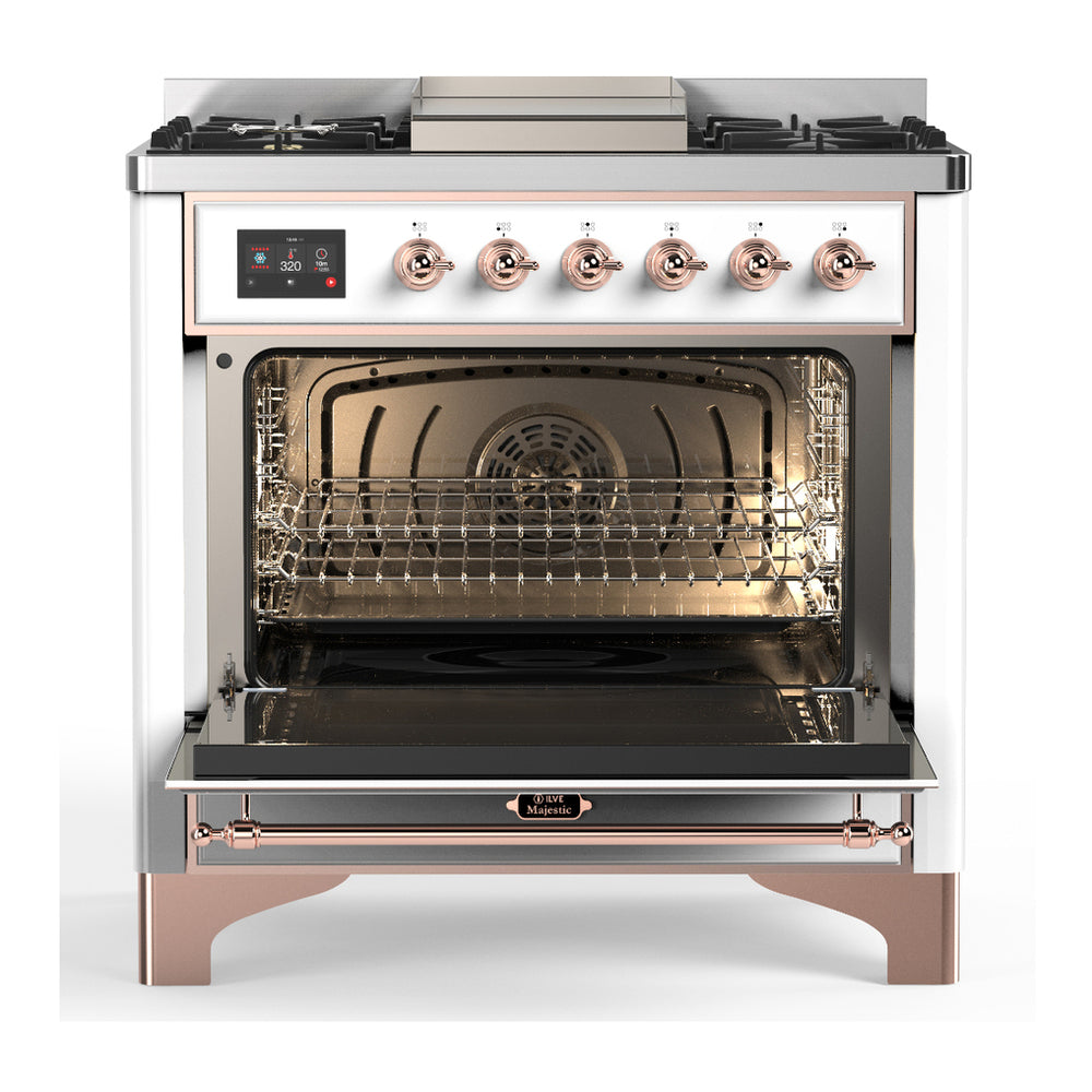 ILVE Majestic III 36-inch Dual Fuel Range with 6 Natural Gas Burner, Griddle and Solid Door Electric Oven in White with Copper Trim (UM36FQNR3WHP)