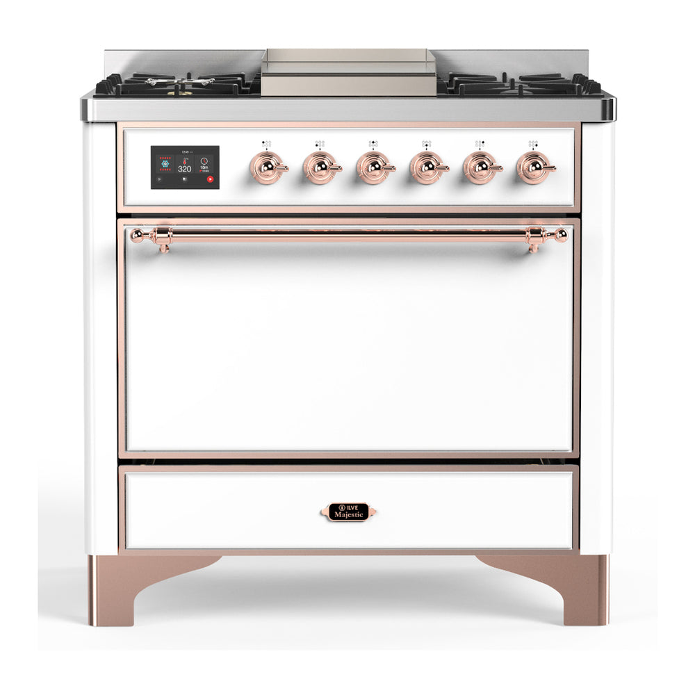 ILVE Majestic III 36-inch Dual Fuel Range with 6 Natural Gas Burner, Griddle and Solid Door Electric Oven in White with Copper Trim (UM36FQNR3WHP)