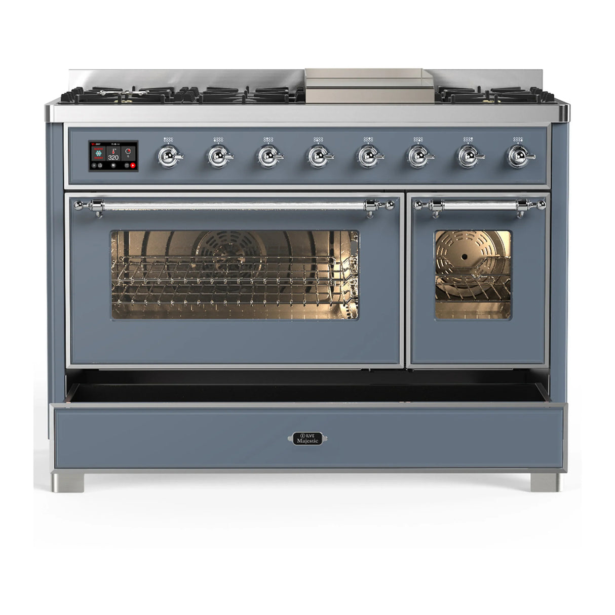 ILVE Majestic III 48-inch Dual Fuel Range with 5 Natural Gas Burner, Griddle and Triple Glass Door Electric Oven in Blue Grey with Chrome Trim (UM48FNR3BGC)