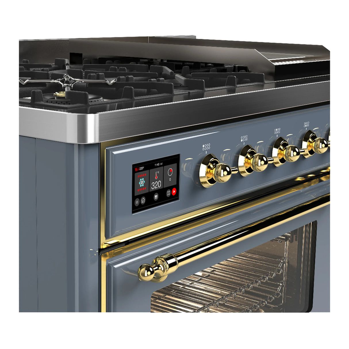 ILVE Majestic III 48-inch Dual Fuel Range with 5 Natural Gas Burner, Griddle and Triple Glass Door Electric Oven in Blue Grey with Brass Trim (UM48FNR3BGG)