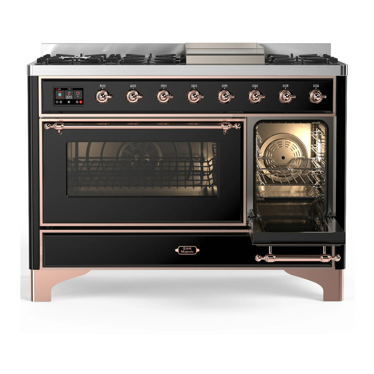ILVE Majestic III 48-inch Dual Fuel Range with 5 Natural Gas Burner, Griddle and Triple Glass Door Electric Oven in Glossy Black with Copper Trim (UM48FNR3BKP)
