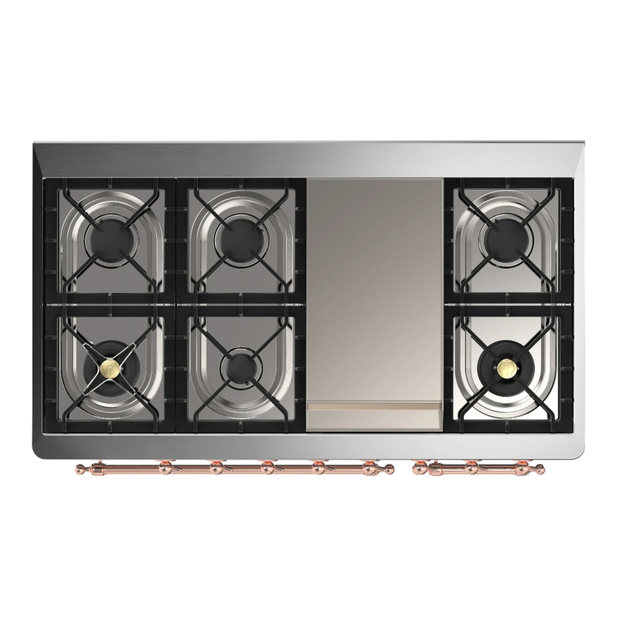 ILVE Majestic III 48-inch Dual Fuel Range with 5 Natural Gas Burner, Griddle and Triple Glass Door Electric Oven in Glossy Black with Copper Trim (UM48FNR3BKP)