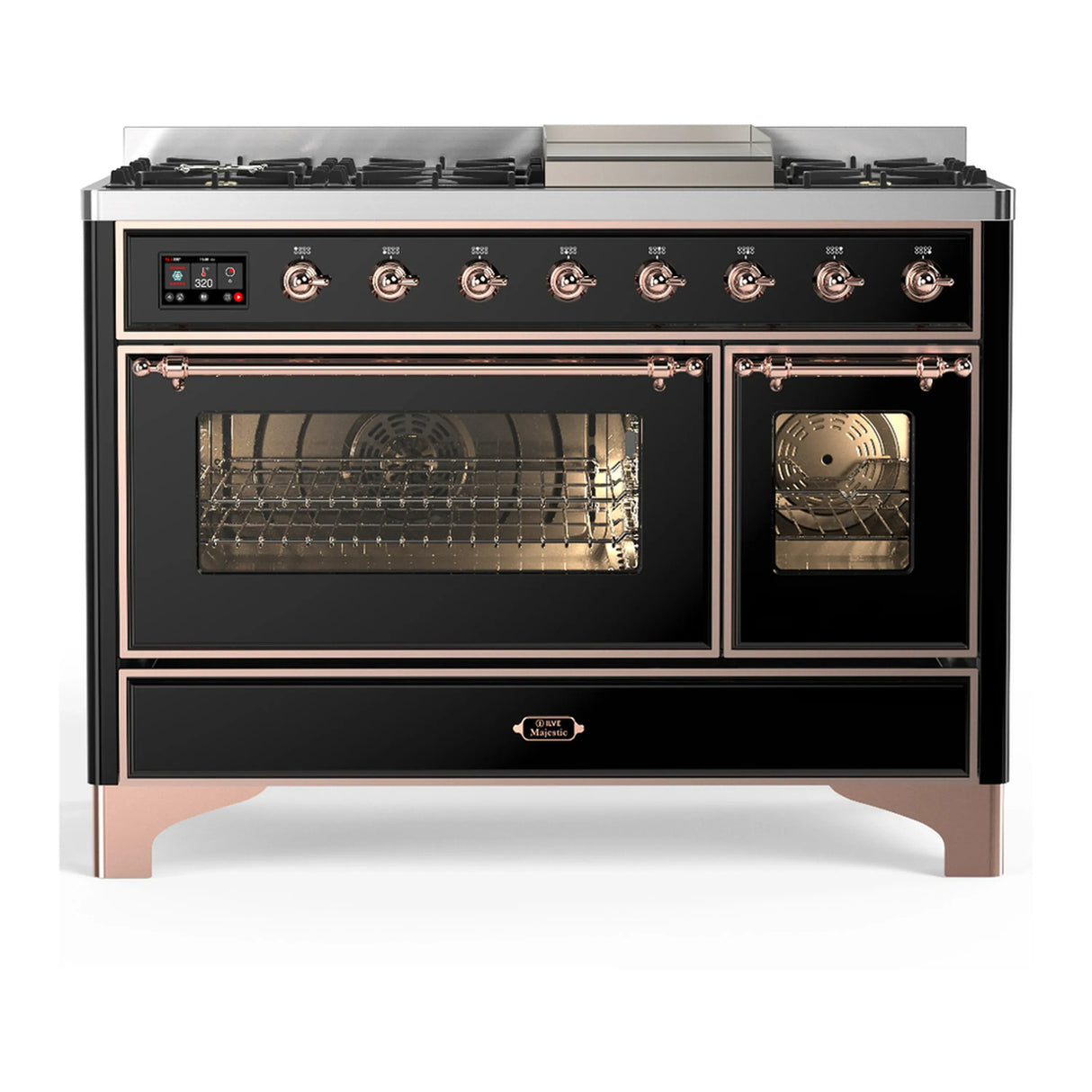 ILVE Majestic III 48-inch Dual Fuel Range with 5 Natural Gas Burner, Griddle and Triple Glass Door Electric Oven in Glossy Black with Copper Trim (UM48FNR3BKP)