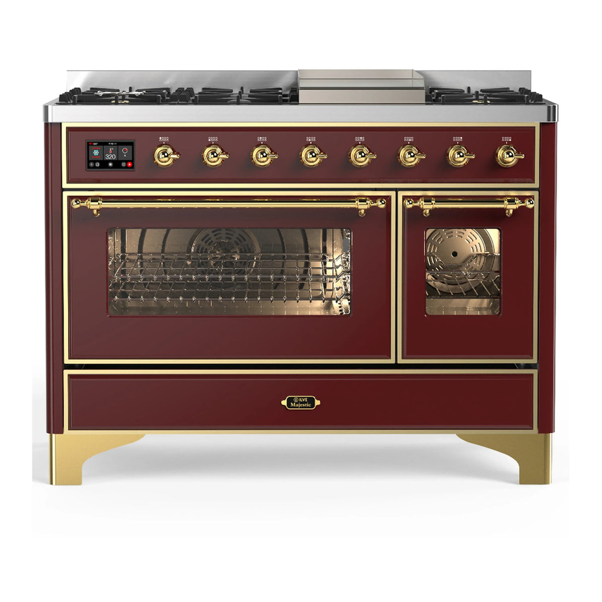 ILVE Majestic III 48-inch Dual Fuel Range with 5 Liquid Propane Burner, Griddle and Triple Glass Door Electric Oven in Burgundy with Brass Trim (UM48FNR3BUGLP)