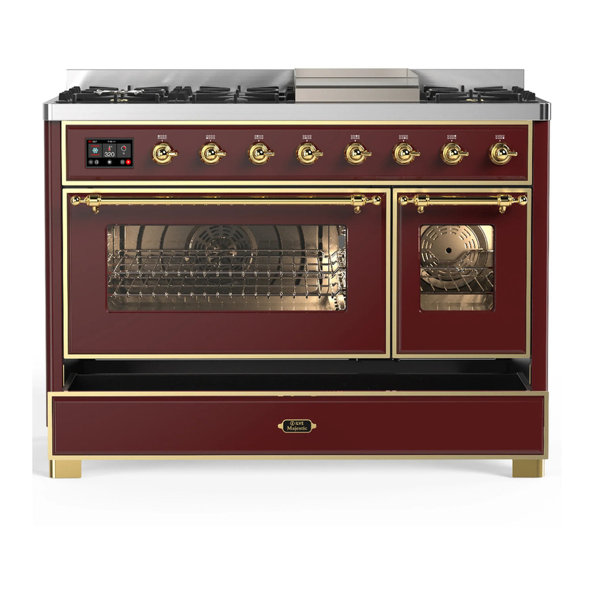 ILVE Majestic III 48-inch Dual Fuel Range with 5 Liquid Propane Burner, Griddle and Triple Glass Door Electric Oven in Burgundy with Brass Trim (UM48FNR3BUGLP)
