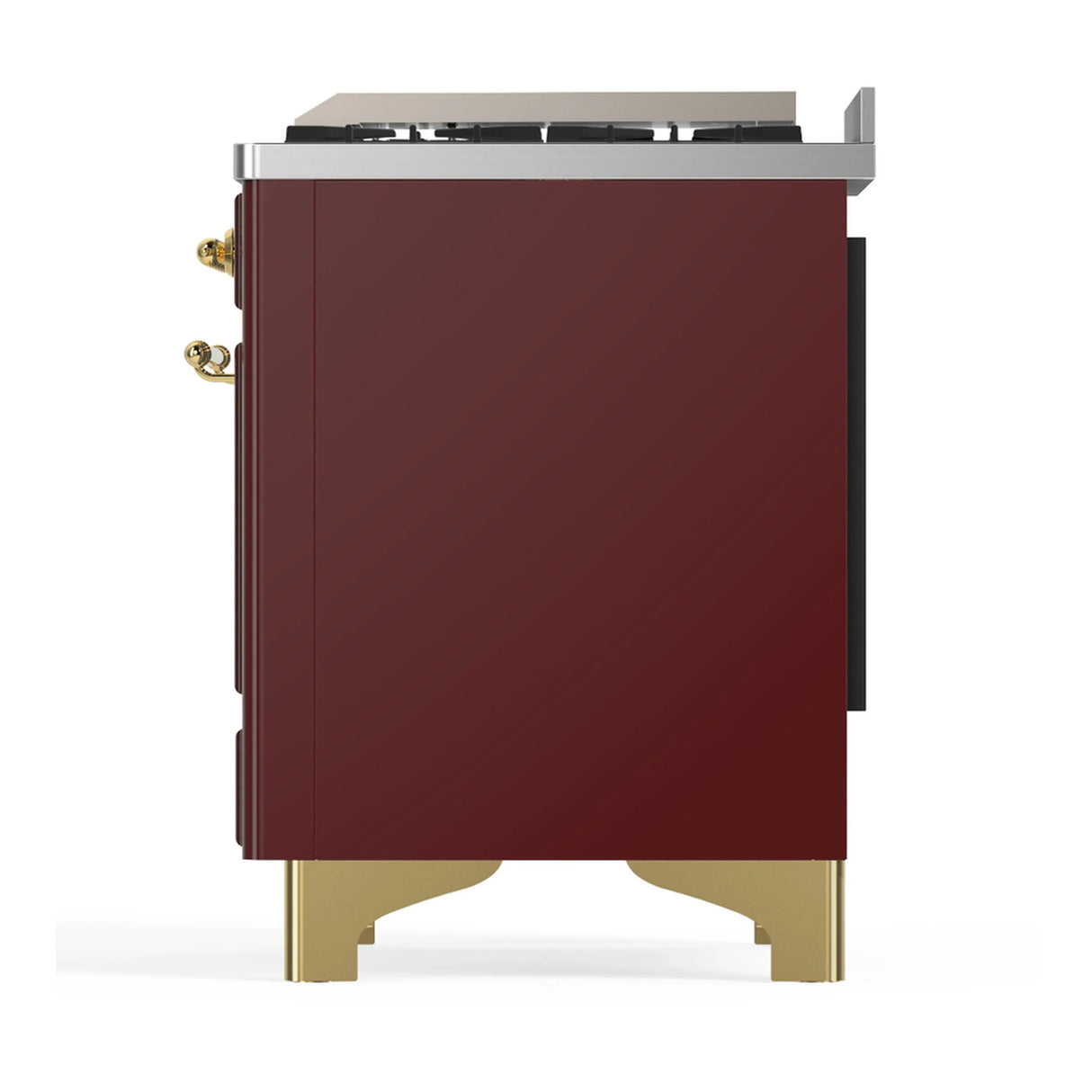 ILVE Majestic III 48-inch Dual Fuel Range with 5 Liquid Propane Burner, Griddle and Triple Glass Door Electric Oven in Burgundy with Brass Trim (UM48FNR3BUGLP)