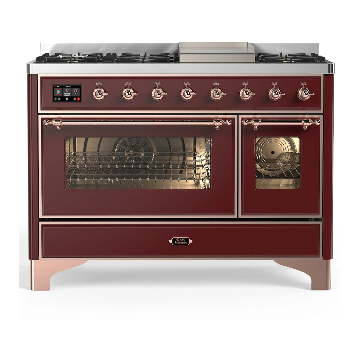 ILVE Majestic III 48-inch Dual Fuel Range with 5 Natural Gas Burner, Griddle and Triple Glass Door Electric Oven in Burgundy with Copper Trim (UM48FNR3BUP)