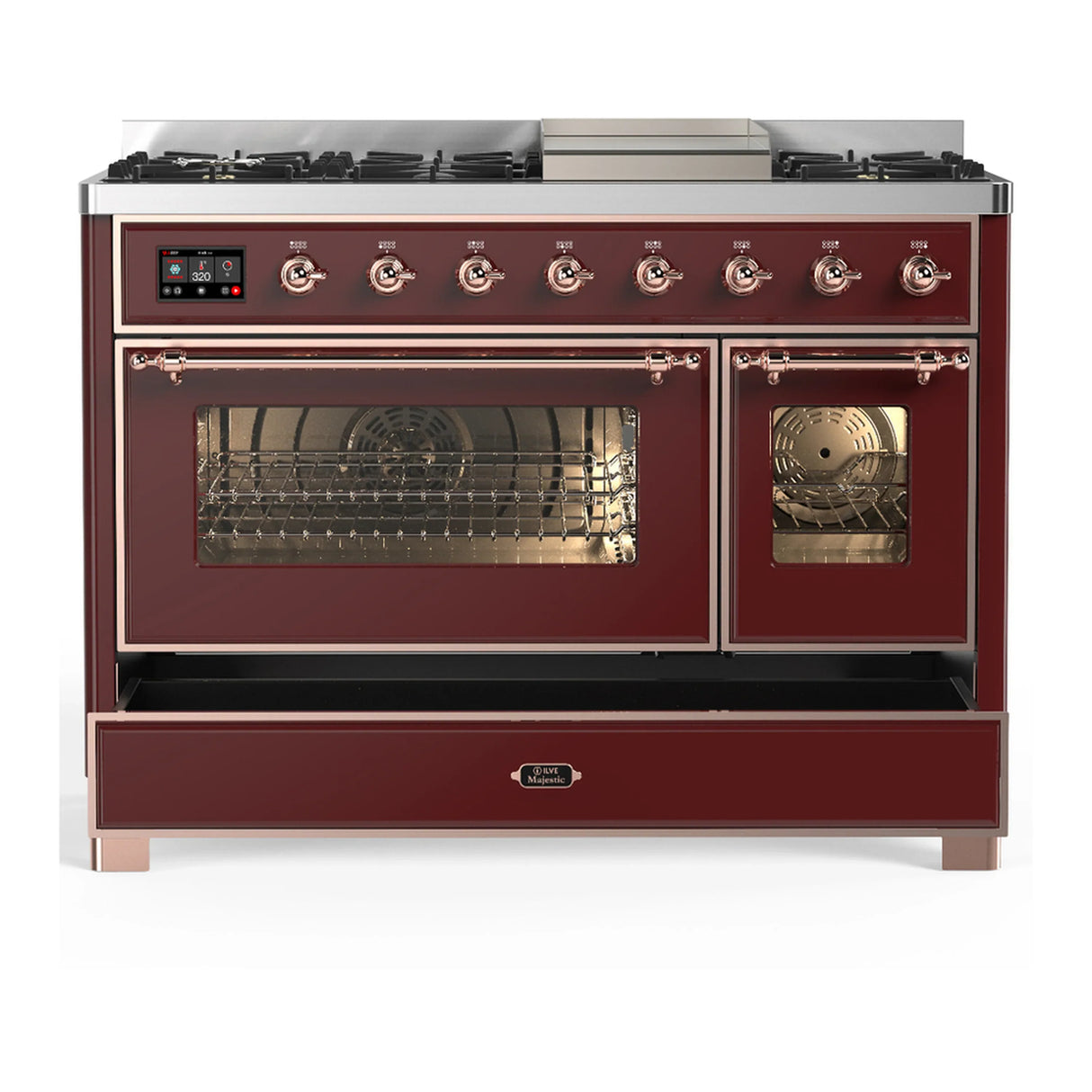 ILVE Majestic III 48-inch Dual Fuel Range with 5 Natural Gas Burner, Griddle and Triple Glass Door Electric Oven in Burgundy with Copper Trim (UM48FNR3BUP)