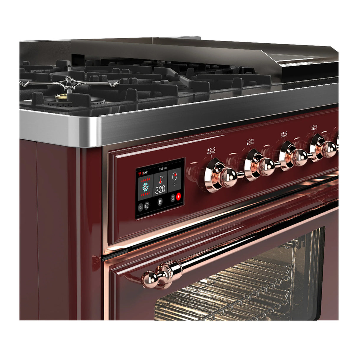 ILVE Majestic III 48-inch Dual Fuel Range with 5 Natural Gas Burner, Griddle and Triple Glass Door Electric Oven in Burgundy with Copper Trim (UM48FNR3BUP)
