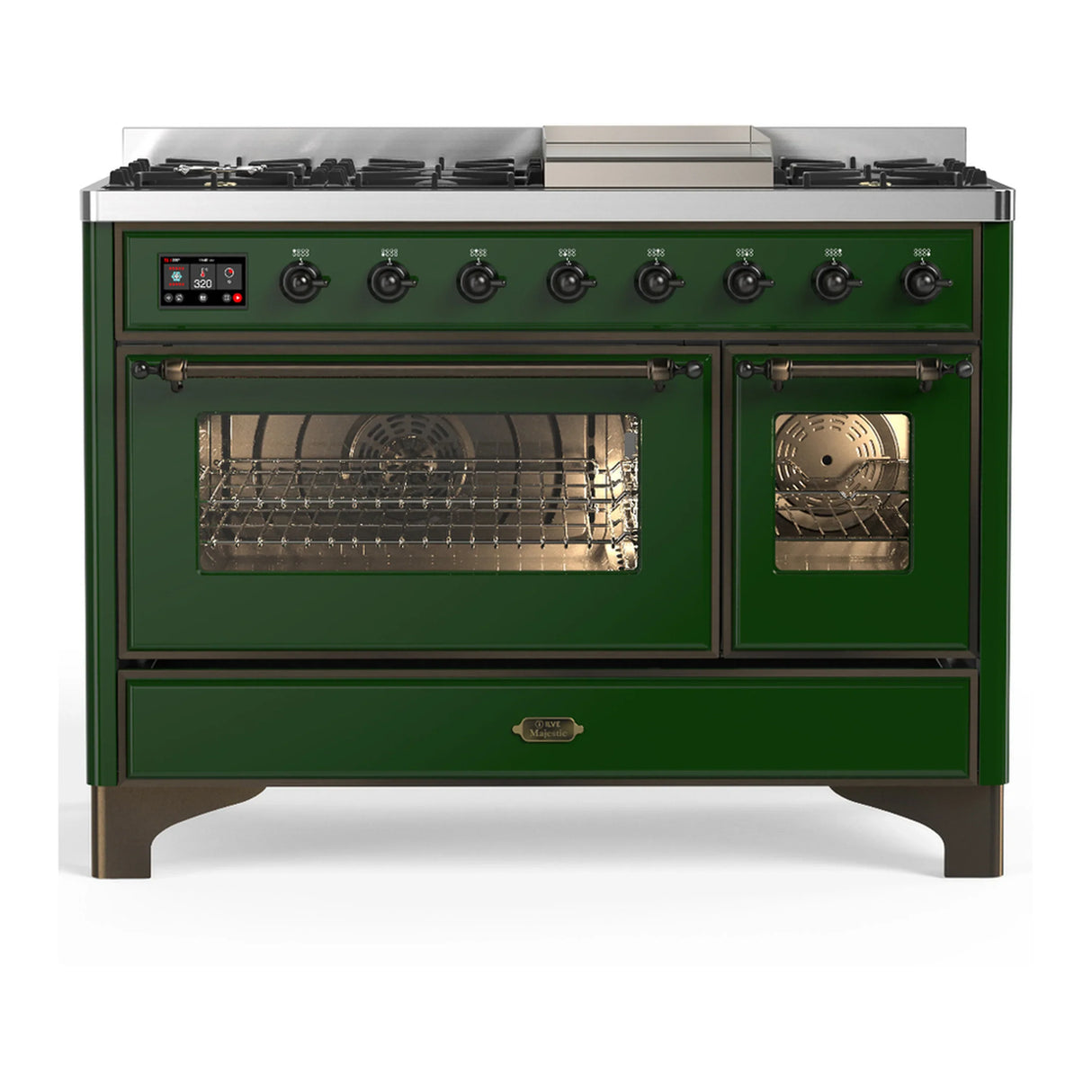 ILVE Majestic III 48-inch Dual Fuel Range with 5 Liquid Propane Burner, Griddle and Triple Glass Door Electric Oven in Emerald Green with Burnished Trim (UM48FNR3EGBLP)