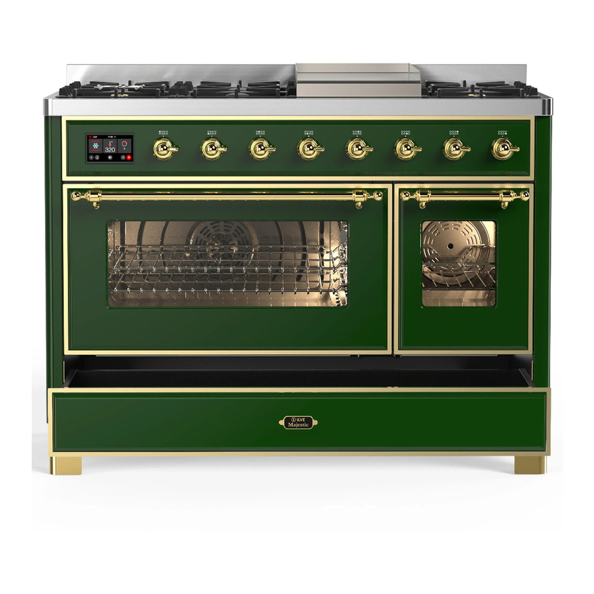 ILVE Majestic III 48-inch Dual Fuel Range with 5 Natural Gas Burner, Griddle and Triple Glass Door Electric Oven in Emerald Green with Brass Trim (UM48FNR3EGG)