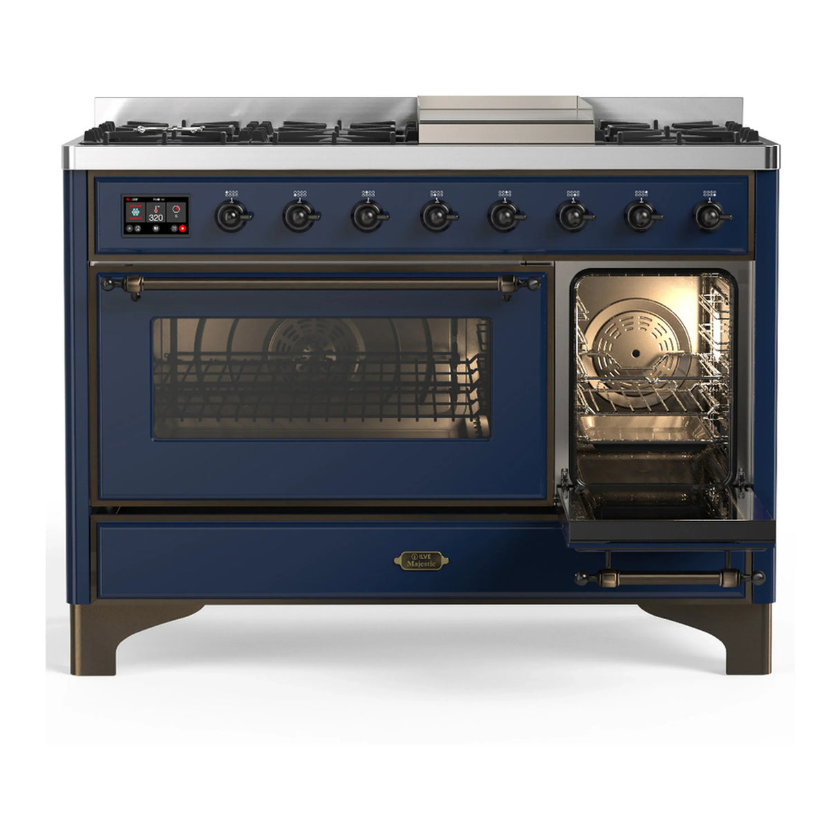 ILVE Majestic III 48-inch Dual Fuel Range with 5 Liquid Propane Burner, Griddle and Triple Glass Door Electric Oven in Midnight Blue with Burnished Trim (UM48FNR3MBBLP)