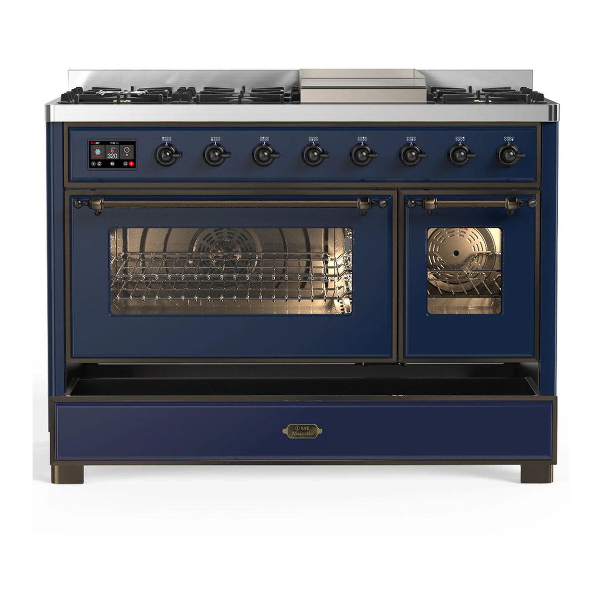 ILVE Majestic III 48-inch Dual Fuel Range with 5 Liquid Propane Burner, Griddle and Triple Glass Door Electric Oven in Midnight Blue with Burnished Trim (UM48FNR3MBBLP)