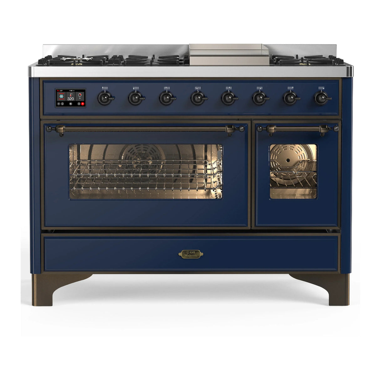 ILVE Majestic III 48-inch Dual Fuel Range with 5 Liquid Propane Burner, Griddle and Triple Glass Door Electric Oven in Midnight Blue with Copper Trim (UM48FNR3MBPLP)