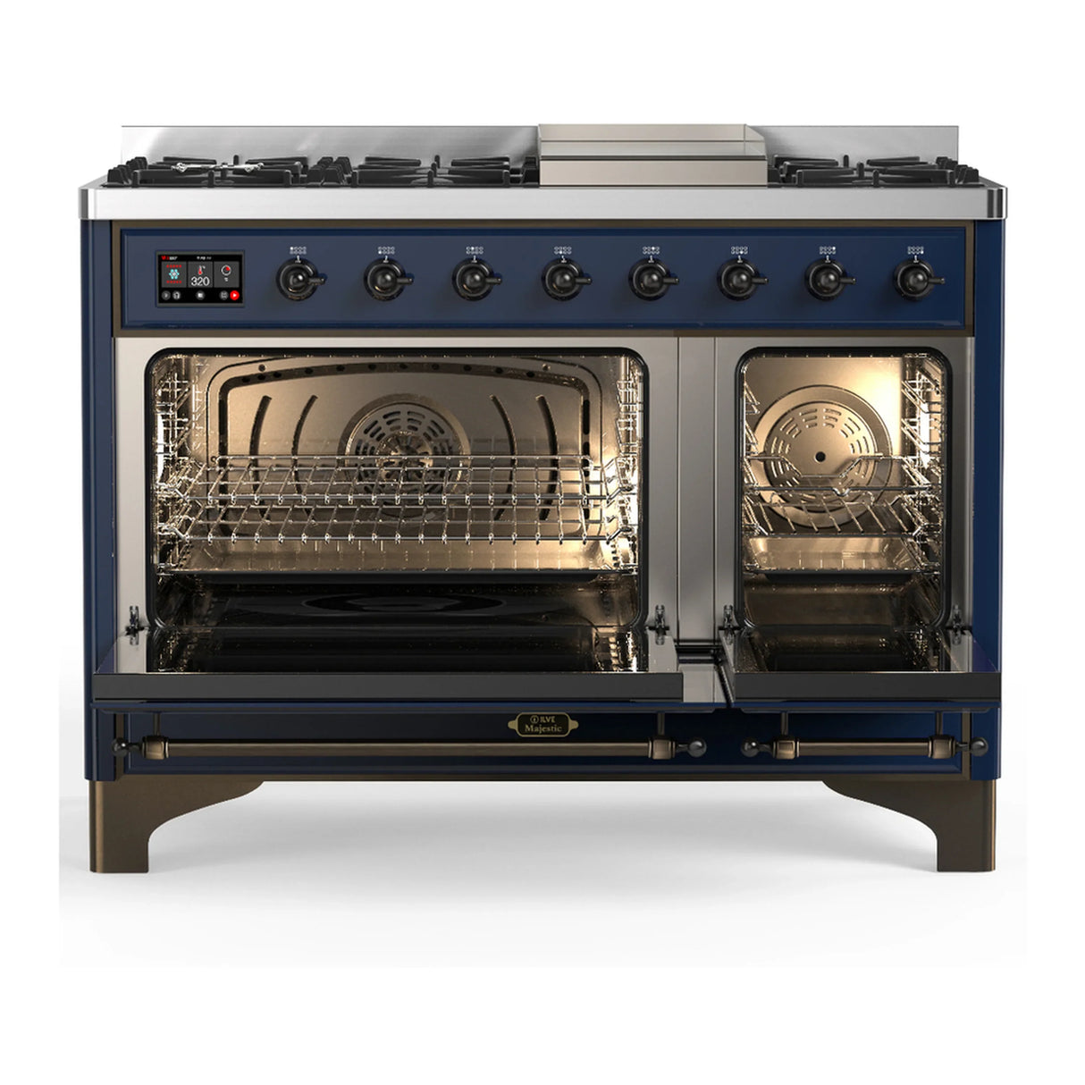 ILVE Majestic III 48-inch Dual Fuel Range with 5 Liquid Propane Burner, Griddle and Triple Glass Door Electric Oven in Midnight Blue with Copper Trim (UM48FNR3MBPLP)