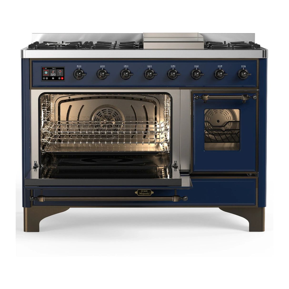 ILVE Majestic III 48-inch Dual Fuel Range with 5 Liquid Propane Burner, Griddle and Triple Glass Door Electric Oven in Midnight Blue with Copper Trim (UM48FNR3MBPLP)