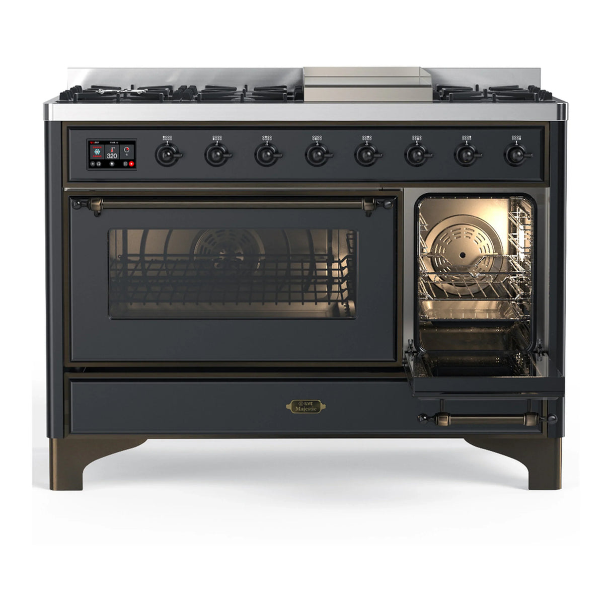 ILVE Majestic III 48-inch Dual Fuel Range with 5 Natural Gas Burner, Griddle and Triple Glass Door Electric Oven in Graphite Matte with Burnished Trim (UM48FNR3MGB)